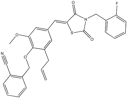 2-[(2-allyl-4-{[3-(2-fluorobenzyl)-2,4-dioxo-1,3-thiazolidin-5-ylidene]methyl}-6-methoxyphenoxy)methyl]benzonitrile,496768-93-5,结构式