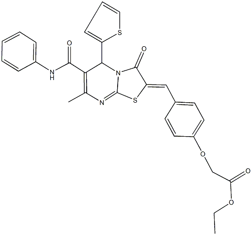 ethyl {4-[(6-(anilinocarbonyl)-7-methyl-3-oxo-5-(2-thienyl)-5H-[1,3]thiazolo[3,2-a]pyrimidin-2(3H)-ylidene)methyl]phenoxy}acetate,496769-71-2,结构式