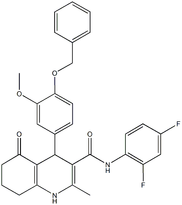 4-[4-(benzyloxy)-3-methoxyphenyl]-N-(2,4-difluorophenyl)-2-methyl-5-oxo-1,4,5,6,7,8-hexahydro-3-quinolinecarboxamide 化学構造式