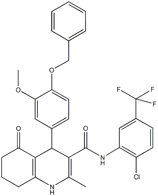 4-[4-(benzyloxy)-3-methoxyphenyl]-N-[2-chloro-5-(trifluoromethyl)phenyl]-2-methyl-5-oxo-1,4,5,6,7,8-hexahydro-3-quinolinecarboxamide,496786-60-8,结构式