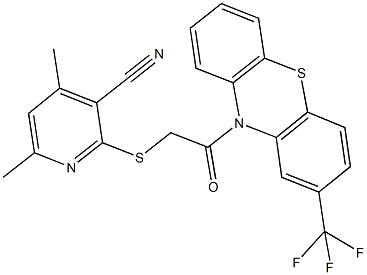 4,6-dimethyl-2-({2-oxo-2-[2-(trifluoromethyl)-10H-phenothiazin-10-yl]ethyl}sulfanyl)nicotinonitrile 化学構造式