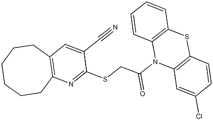 2-{[2-(2-chloro-10H-phenothiazin-10-yl)-2-oxoethyl]sulfanyl}-5,6,7,8,9,10-hexahydrocycloocta[b]pyridine-3-carbonitrile,496787-04-3,结构式
