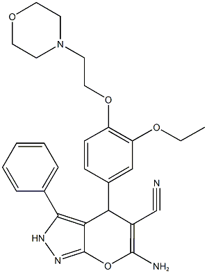 6-amino-4-[3-ethoxy-4-(2-morpholin-4-ylethoxy)phenyl]-3-phenyl-2,4-dihydropyrano[2,3-c]pyrazole-5-carbonitrile,496804-49-0,结构式