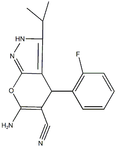 6-amino-4-(2-fluorophenyl)-3-isopropyl-2,4-dihydropyrano[2,3-c]pyrazole-5-carbonitrile 化学構造式