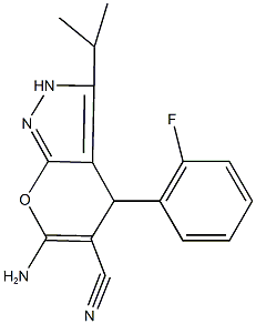 6-amino-4-(2-fluorophenyl)-3-isopropyl-2,4-dihydropyrano[2,3-c]pyrazole-5-carbonitrile Struktur