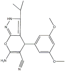 6-amino-4-(3,5-dimethoxyphenyl)-3-isopropyl-2,4-dihydropyrano[2,3-c]pyrazole-5-carbonitrile Struktur