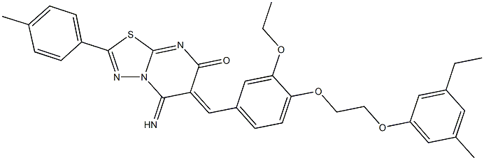6-{3-ethoxy-4-[2-(3-ethyl-5-methylphenoxy)ethoxy]benzylidene}-5-imino-2-(4-methylphenyl)-5,6-dihydro-7H-[1,3,4]thiadiazolo[3,2-a]pyrimidin-7-one 化学構造式