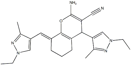 2-amino-4-(1-ethyl-3-methyl-1H-pyrazol-4-yl)-8-[(1-ethyl-3-methyl-1H-pyrazol-4-yl)methylene]-5,6,7,8-tetrahydro-4H-chromene-3-carbonitrile Structure