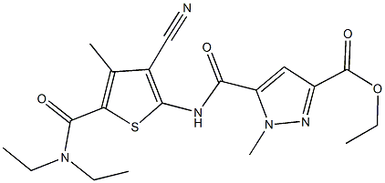 ethyl 5-[({3-cyano-5-[(diethylamino)carbonyl]-4-methyl-2-thienyl}amino)carbonyl]-1-methyl-1H-pyrazole-3-carboxylate Structure