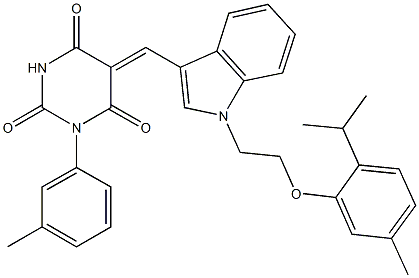 5-({1-[2-(2-isopropyl-5-methylphenoxy)ethyl]-1H-indol-3-yl}methylene)-1-(3-methylphenyl)-2,4,6(1H,3H,5H)-pyrimidinetrione 化学構造式