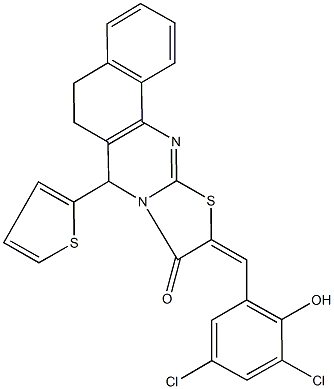 10-(3,5-dichloro-2-hydroxybenzylidene)-7-(2-thienyl)-5,7-dihydro-6H-benzo[h][1,3]thiazolo[2,3-b]quinazolin-9(10H)-one Struktur