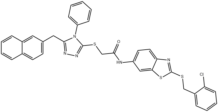 N-{2-[(2-chlorobenzyl)thio]-1,3-benzothiazol-6-yl}-2-{[5-(2-naphthylmethyl)-4-phenyl-4H-1,2,4-triazol-3-yl]thio}acetamide 化学構造式