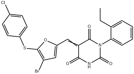 5-({4-bromo-5-[(4-chlorophenyl)sulfanyl]-2-furyl}methylene)-1-(2-ethylphenyl)-2,4,6(1H,3H,5H)-pyrimidinetrione Structure