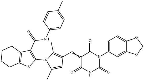 2-{3-[(1-(1,3-benzodioxol-5-yl)-2,4,6-trioxotetrahydro-5(2H)-pyrimidinylidene)methyl]-2,5-dimethyl-1H-pyrrol-1-yl}-N-(4-methylphenyl)-4,5,6,7-tetrahydro-1-benzothiophene-3-carboxamide,496914-51-3,结构式