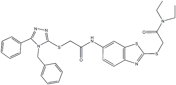 2-[(4-benzyl-5-phenyl-4H-1,2,4-triazol-3-yl)sulfanyl]-N-(2-{[2-(diethylamino)-2-oxoethyl]sulfanyl}-1,3-benzothiazol-6-yl)acetamide|