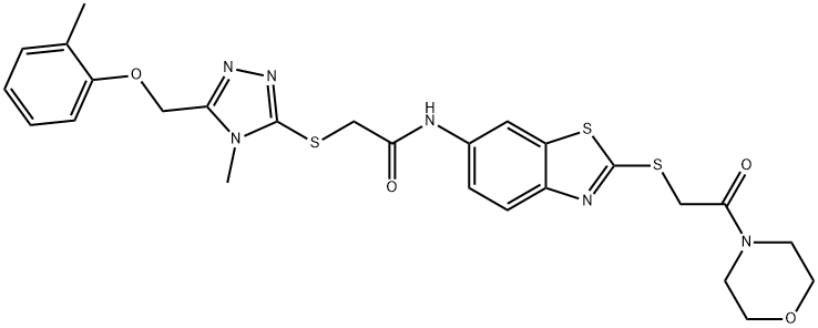 2-({4-methyl-5-[(2-methylphenoxy)methyl]-4H-1,2,4-triazol-3-yl}sulfanyl)-N-{2-[(2-morpholin-4-yl-2-oxoethyl)sulfanyl]-1,3-benzothiazol-6-yl}acetamide Struktur