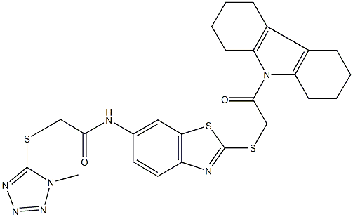 2-[(1-methyl-1H-tetraazol-5-yl)sulfanyl]-N-(2-{[2-(1,2,3,4,5,6,7,8-octahydro-9H-carbazol-9-yl)-2-oxoethyl]sulfanyl}-1,3-benzothiazol-6-yl)acetamide 化学構造式