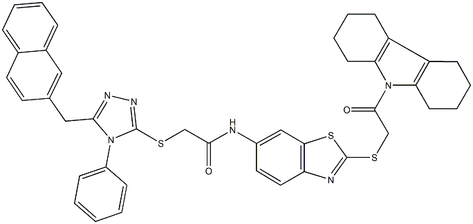 2-{[5-(2-naphthylmethyl)-4-phenyl-4H-1,2,4-triazol-3-yl]sulfanyl}-N-(2-{[2-(1,2,3,4,5,6,7,8-octahydro-9H-carbazol-9-yl)-2-oxoethyl]sulfanyl}-1,3-benzothiazol-6-yl)acetamide 化学構造式