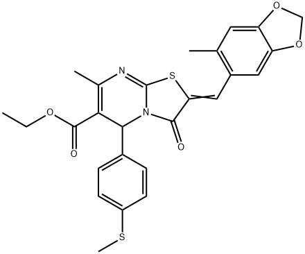 ethyl 7-methyl-2-[(6-methyl-1,3-benzodioxol-5-yl)methylene]-5-[4-(methylsulfanyl)phenyl]-3-oxo-2,3-dihydro-5H-[1,3]thiazolo[3,2-a]pyrimidine-6-carboxylate Struktur