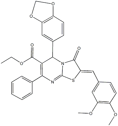 ethyl 5-(1,3-benzodioxol-5-yl)-2-(3,4-dimethoxybenzylidene)-3-oxo-7-phenyl-2,3-dihydro-5H-[1,3]thiazolo[3,2-a]pyrimidine-6-carboxylate,496920-47-9,结构式