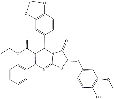 ethyl 5-(1,3-benzodioxol-5-yl)-2-(4-hydroxy-3-methoxybenzylidene)-3-oxo-7-phenyl-2,3-dihydro-5H-[1,3]thiazolo[3,2-a]pyrimidine-6-carboxylate,496920-61-7,结构式