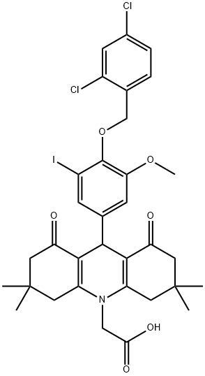 (9-{4-[(2,4-dichlorobenzyl)oxy]-3-iodo-5-methoxyphenyl}-3,3,6,6-tetramethyl-1,8-dioxo-2,3,4,5,6,7,8,9-octahydro-10(1H)-acridinyl)acetic acid 化学構造式