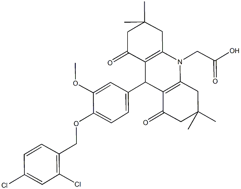 (9-{4-[(2,4-dichlorobenzyl)oxy]-3-methoxyphenyl}-3,3,6,6-tetramethyl-1,8-dioxo-2,3,4,5,6,7,8,9-octahydro-10(1H)-acridinyl)acetic acid 化学構造式