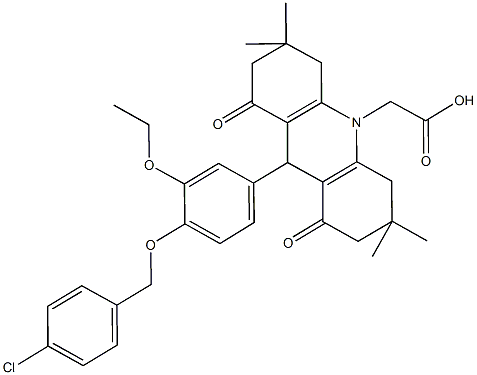 (9-{4-[(4-chlorobenzyl)oxy]-3-ethoxyphenyl}-3,3,6,6-tetramethyl-1,8-dioxo-2,3,4,5,6,7,8,9-octahydro-10(1H)-acridinyl)acetic acid,496920-76-4,结构式