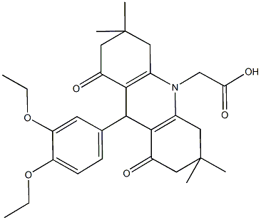 (9-(3,4-diethoxyphenyl)-3,3,6,6-tetramethyl-1,8-dioxo-2,3,4,5,6,7,8,9-octahydro-10(1H)-acridinyl)acetic acid 化学構造式