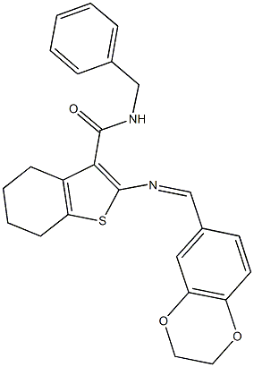 N-benzyl-2-[(2,3-dihydro-1,4-benzodioxin-6-ylmethylene)amino]-4,5,6,7-tetrahydro-1-benzothiophene-3-carboxamide 化学構造式