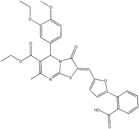 2-{5-[(6-(ethoxycarbonyl)-5-(3-ethoxy-4-methoxyphenyl)-7-methyl-3-oxo-5H-[1,3]thiazolo[3,2-a]pyrimidin-2(3H)-ylidene)methyl]-2-furyl}benzoic acid|