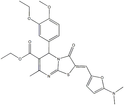 ethyl 2-{[5-(dimethylamino)-2-furyl]methylene}-5-(3-ethoxy-4-methoxyphenyl)-7-methyl-3-oxo-2,3-dihydro-5H-[1,3]thiazolo[3,2-a]pyrimidine-6-carboxylate 化学構造式