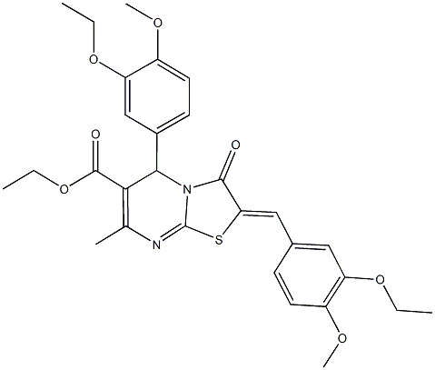 ethyl 2-(3-ethoxy-4-methoxybenzylidene)-5-(3-ethoxy-4-methoxyphenyl)-7-methyl-3-oxo-2,3-dihydro-5H-[1,3]thiazolo[3,2-a]pyrimidine-6-carboxylate,496928-11-1,结构式