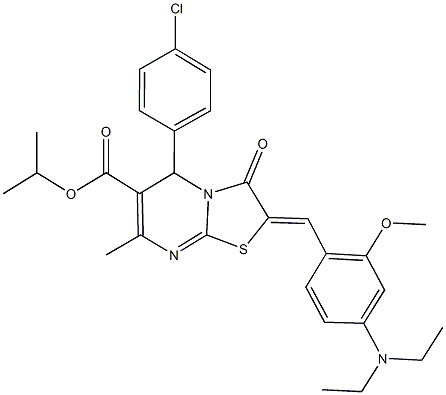 isopropyl 5-(4-chlorophenyl)-2-[4-(diethylamino)-2-methoxybenzylidene]-7-methyl-3-oxo-2,3-dihydro-5H-[1,3]thiazolo[3,2-a]pyrimidine-6-carboxylate,496936-05-1,结构式