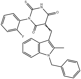 5-[(1-benzyl-2-methyl-1H-indol-3-yl)methylene]-1-(2-fluorophenyl)-2-thioxodihydro-4,6(1H,5H)-pyrimidinedione 结构式