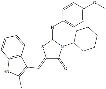 3-cyclohexyl-2-[(4-methoxyphenyl)imino]-5-[(2-methyl-1H-indol-3-yl)methylene]-1,3-thiazolidin-4-one,496936-55-1,结构式