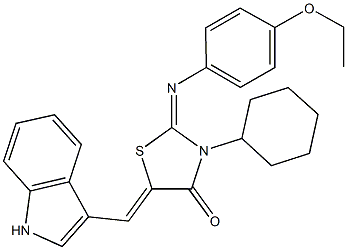 3-cyclohexyl-2-[(4-ethoxyphenyl)imino]-5-(1H-indol-3-ylmethylene)-1,3-thiazolidin-4-one 化学構造式