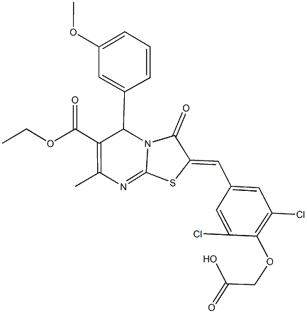 {2,6-dichloro-4-[(6-(ethoxycarbonyl)-5-(3-methoxyphenyl)-7-methyl-3-oxo-5H-[1,3]thiazolo[3,2-a]pyrimidin-2(3H)-ylidene)methyl]phenoxy}acetic acid Struktur