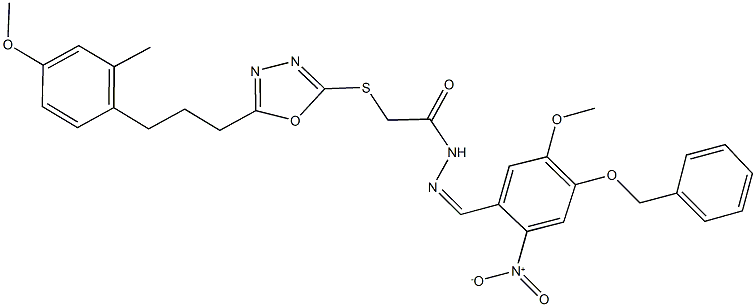 N'-{4-(benzyloxy)-2-nitro-5-methoxybenzylidene}-2-({5-[3-(4-methoxy-2-methylphenyl)propyl]-1,3,4-oxadiazol-2-yl}sulfanyl)acetohydrazide 结构式