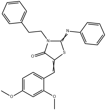 5-(2,4-dimethoxybenzylidene)-3-(2-phenylethyl)-2-(phenylimino)-1,3-thiazolidin-4-one 化学構造式