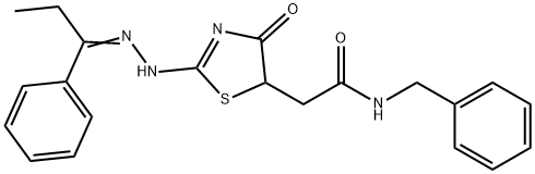 N-benzyl-2-{4-hydroxy-2-[(1-phenylpropylidene)hydrazono]-2,5-dihydro-1,3-thiazol-5-yl}acetamide Struktur
