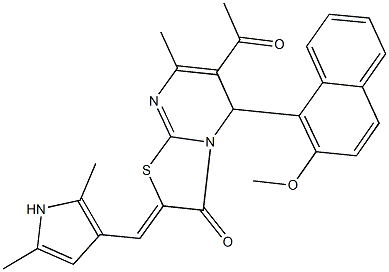 6-acetyl-2-[(2,5-dimethyl-1H-pyrrol-3-yl)methylene]-5-(2-methoxy-1-naphthyl)-7-methyl-5H-[1,3]thiazolo[3,2-a]pyrimidin-3(2H)-one Struktur