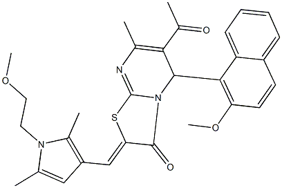 6-acetyl-2-{[1-(2-methoxyethyl)-2,5-dimethyl-1H-pyrrol-3-yl]methylene}-5-(2-methoxy-1-naphthyl)-7-methyl-5H-[1,3]thiazolo[3,2-a]pyrimidin-3(2H)-one 化学構造式