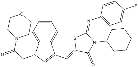 3-cyclohexyl-2-[(4-fluorophenyl)imino]-5-({1-[2-(4-morpholinyl)-2-oxoethyl]-1H-indol-3-yl}methylene)-1,3-thiazolidin-4-one 结构式