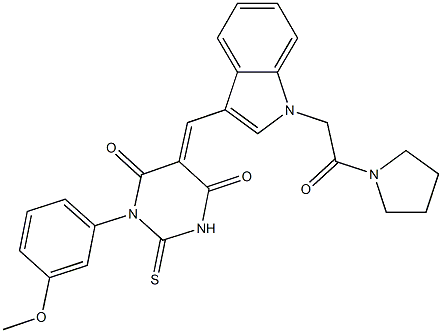 1-(3-methoxyphenyl)-5-({1-[2-oxo-2-(1-pyrrolidinyl)ethyl]-1H-indol-3-yl}methylene)-2-thioxodihydro-4,6(1H,5H)-pyrimidinedione 化学構造式