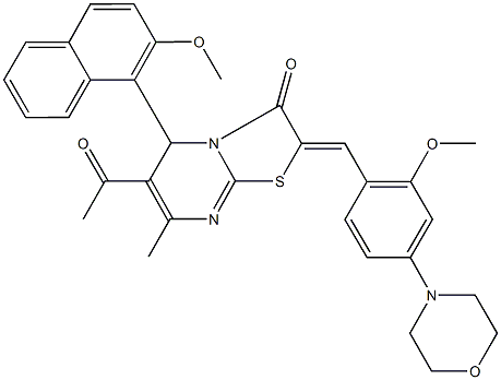6-acetyl-2-[2-methoxy-4-(4-morpholinyl)benzylidene]-5-(2-methoxy-1-naphthyl)-7-methyl-5H-[1,3]thiazolo[3,2-a]pyrimidin-3(2H)-one Struktur