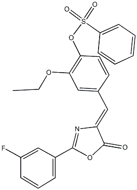 2-ethoxy-4-[(2-(3-fluorophenyl)-5-oxo-1,3-oxazol-4(5H)-ylidene)methyl]phenyl benzenesulfonate 结构式
