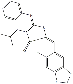 3-isobutyl-5-[(6-methyl-1,3-benzodioxol-5-yl)methylene]-2-(phenylimino)-1,3-thiazolidin-4-one Struktur