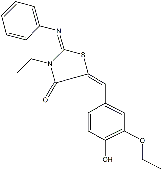 5-(3-ethoxy-4-hydroxybenzylidene)-3-ethyl-2-(phenylimino)-1,3-thiazolidin-4-one,496940-92-2,结构式