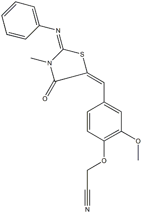 (2-methoxy-4-{[3-methyl-4-oxo-2-(phenylimino)-1,3-thiazolidin-5-ylidene]methyl}phenoxy)acetonitrile Struktur